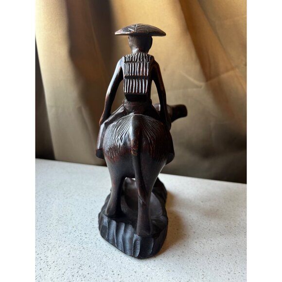 Hand-Carved Wooden Sculpture Of Man On Water Buffalo Vintage - Picture 8 of 15